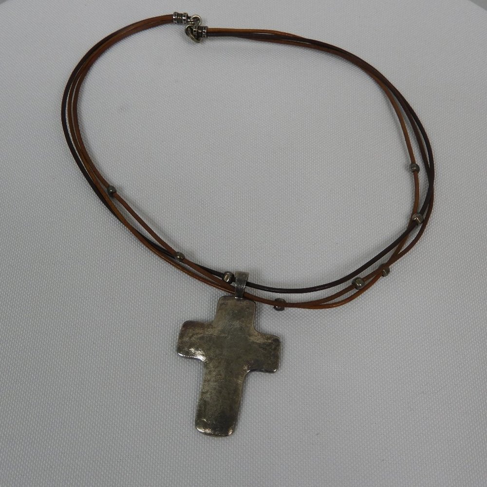 L721 Brown Cord Hammered Cross Necklace Stamped 925 Israel